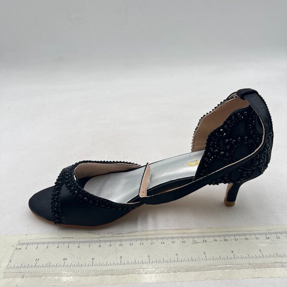 XYD Black Open Toe Rhinestones Ankle Strap Sandals Low Heel Bridal Evening Shoes - Picture 2 of 8